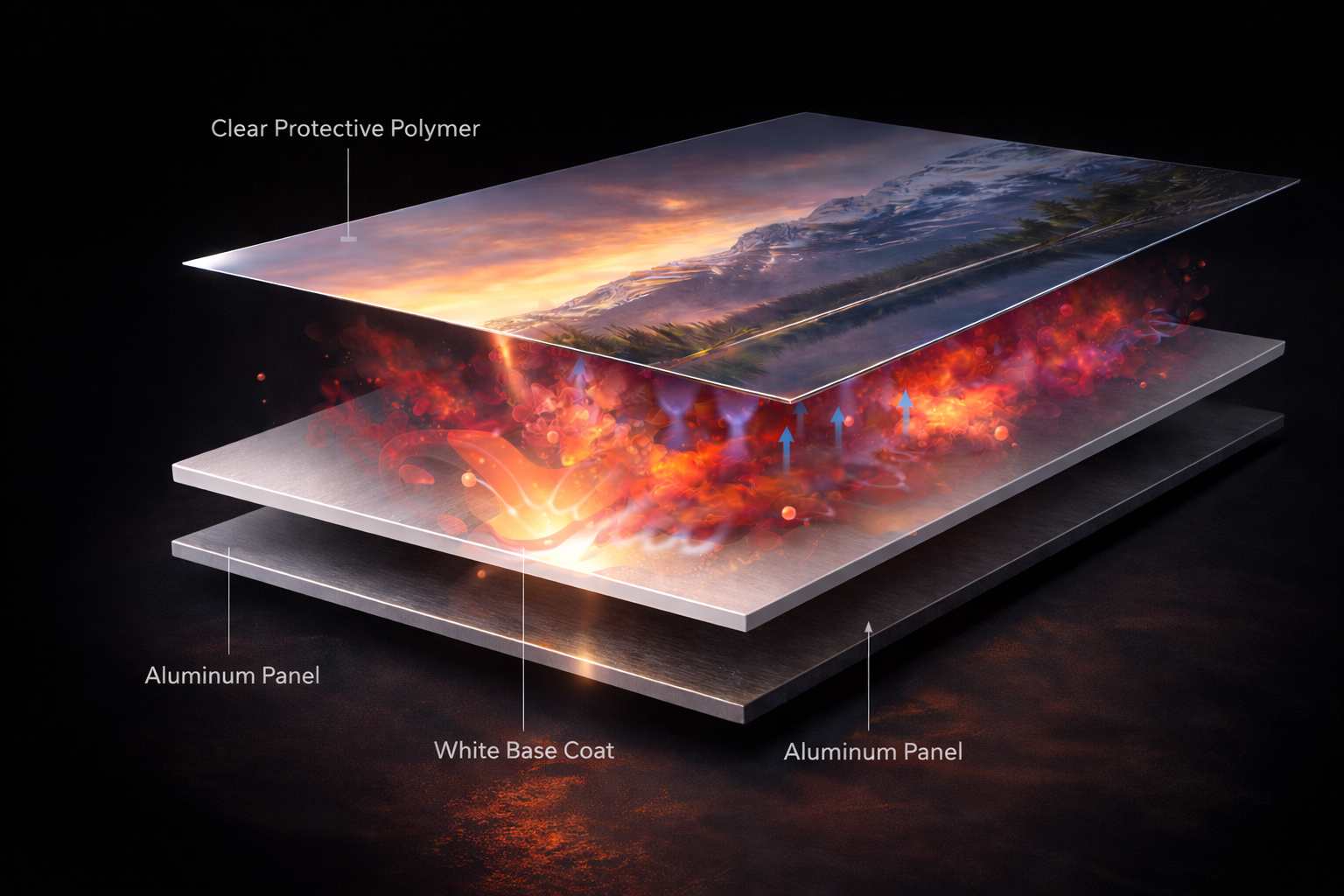 Diagram showing how dye-sublimation transfers an image into a coated aluminum print panel