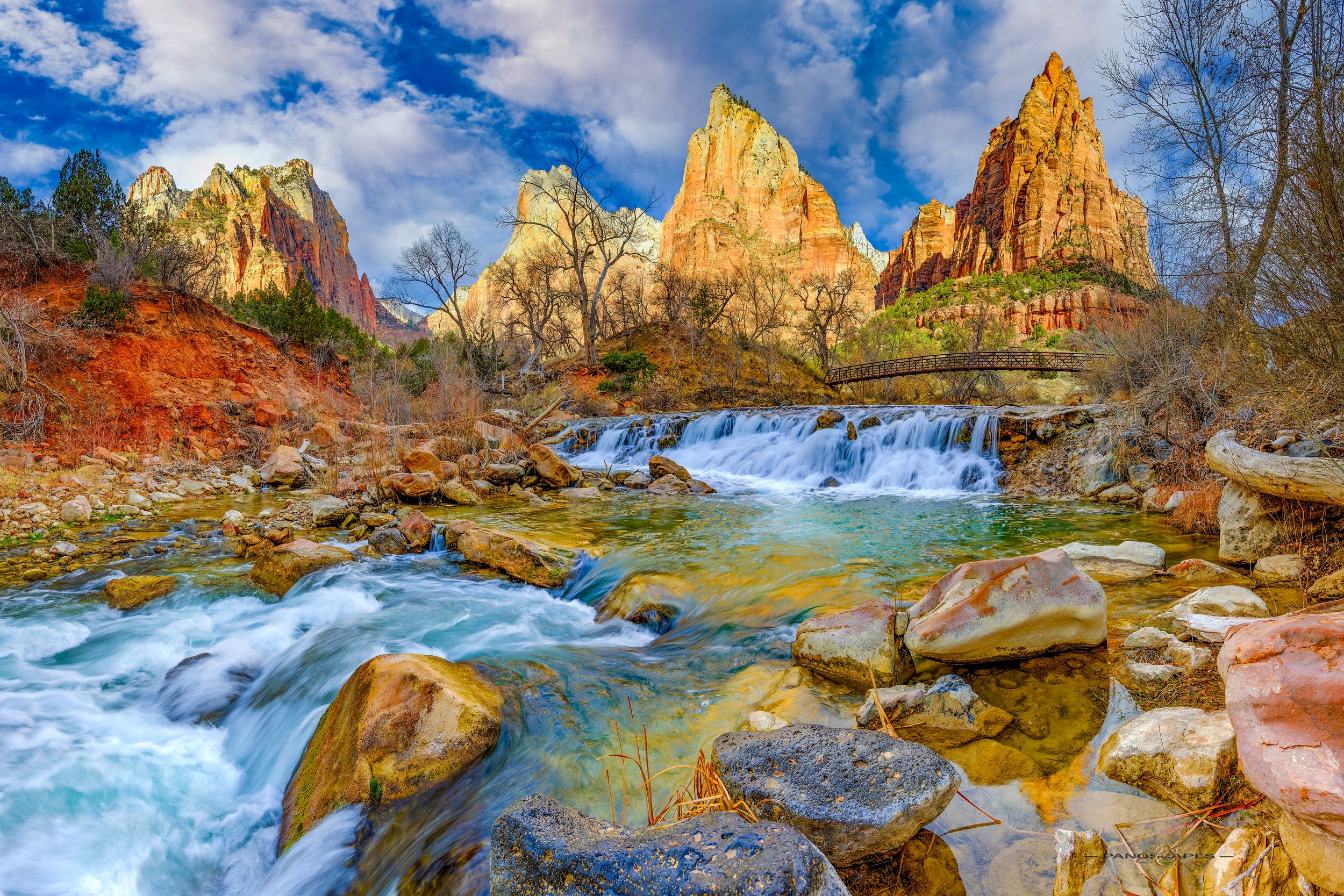 Sunrise Light on Court of Patriarchs over Emerald Virgin River by Edwin R Schottstaedt 