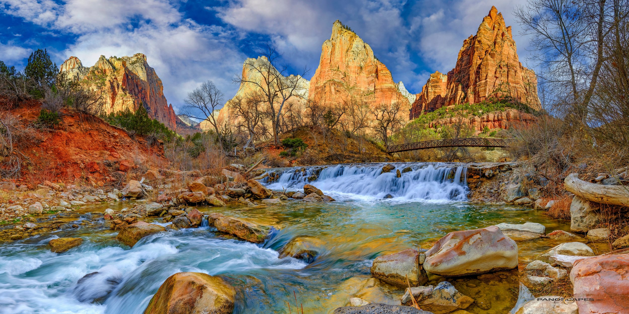 Sunrise Light on Court of Patriarchs over Emerald Virgin River by Edwin R Schottstaedt 
